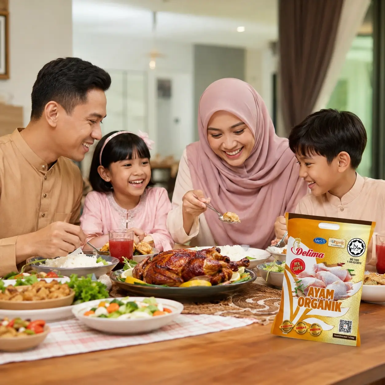 Keluarga menikmati hidangan ayam organik Delima Emas